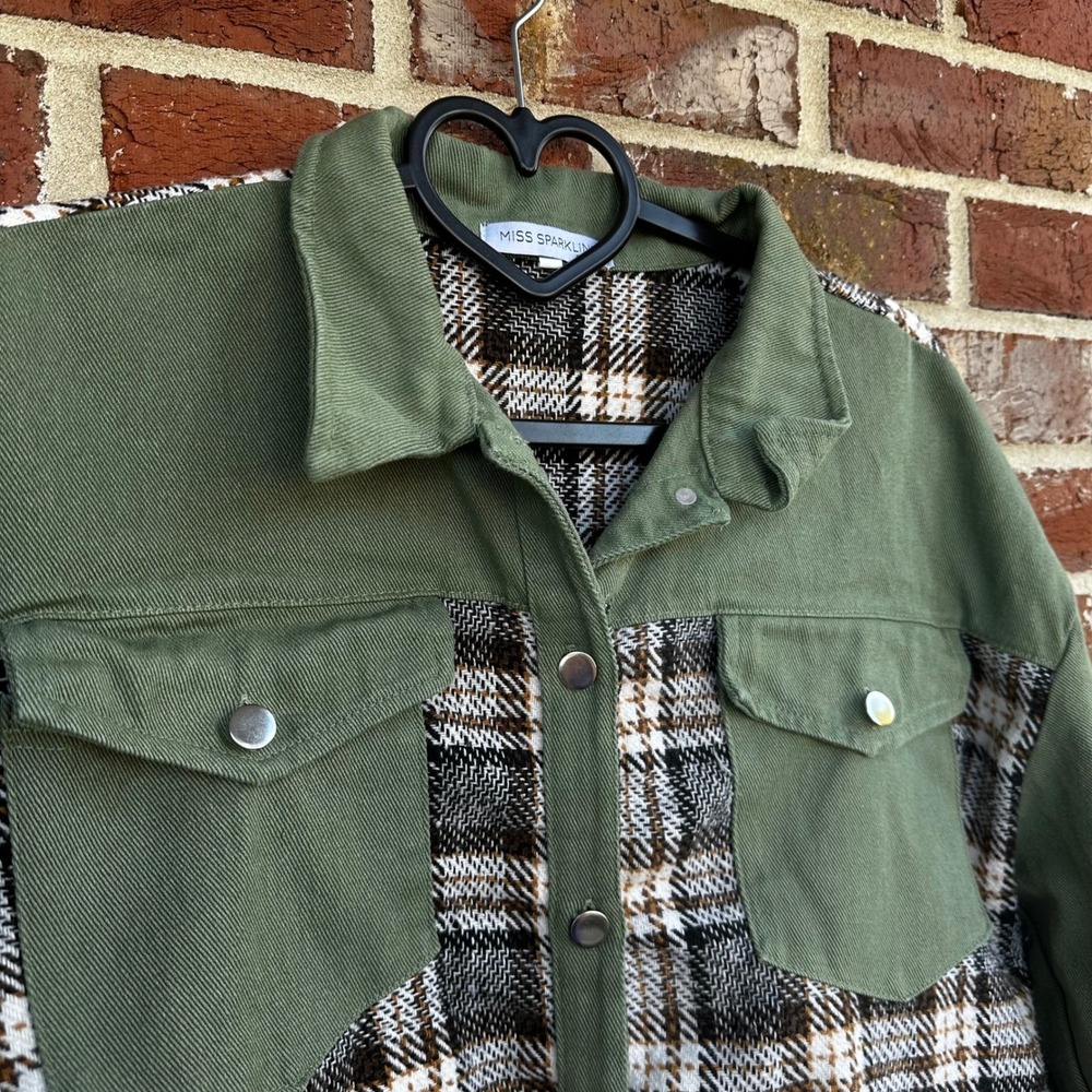 Plaid & Olive‎ Green Shacket Snap Button Lightweight Jacket Layering Oversized - Picture 4 of 7